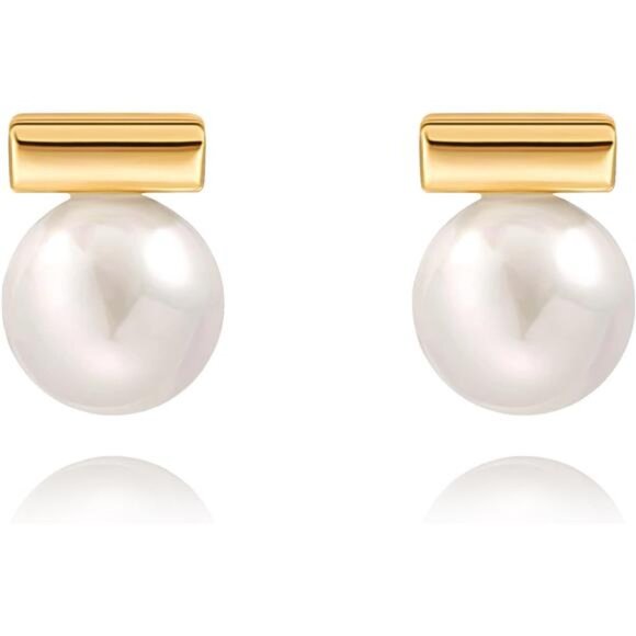 Gold Bar Pearl Earrings | 18K Gold Plated Studs with 10mm Simulated Pearls - Picture 1 of 5
